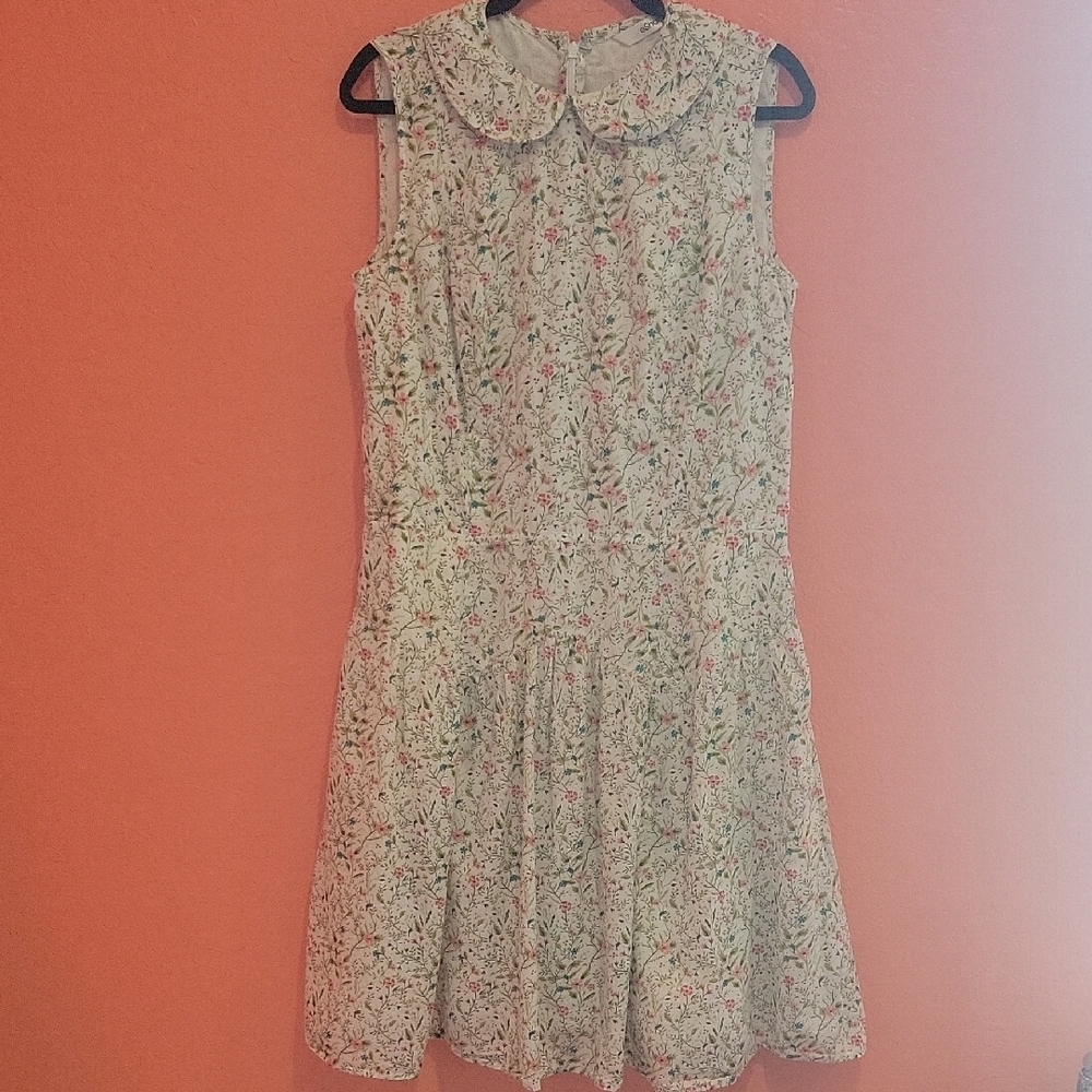 eShakti Floral Peter Pan Collared Tea Length Cotton Dress